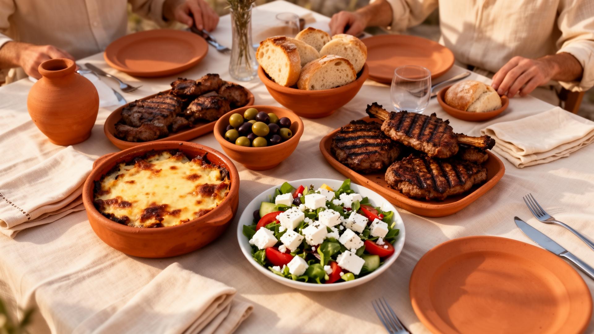 Παραδοσιακό ελληνικό τραπέζι με μουσακά, μπριζόλες και χωριάτικη σαλάτα